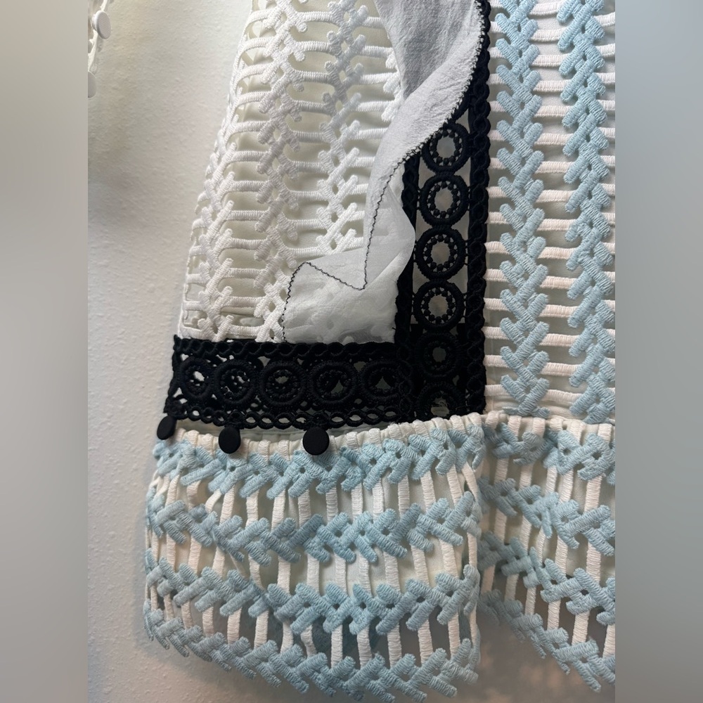 SELF-PORTRAIT White Blue Frill Shoulder Panel Lace Mini Dress US4/UK8 - Picture 8 of 12